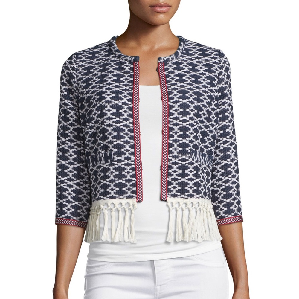 Niche 3/4-Sleeve Fringe-Trim Jacket, Navy Combo